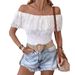 2026 European And American Cross-Border Solid Color Off-Shoulder Ruffle Lace Slim Fit T-Shirt Short Sleeve Top Women's_ecoleips.com
