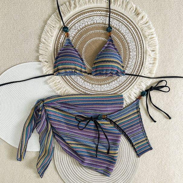 Women's Clothing 2026 New American Sexy Halter Neck Three Piece Swimsuit Color Block Knit Bikini Beach Shorts_ecoleips.com