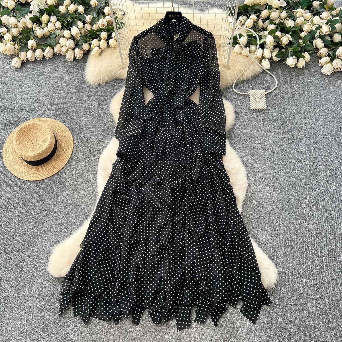 Women's Polka Dot Dress with Bow Tie Long Sleeve Irregular Ruffle Hem Sophisticated Unique Style for Autumn 2025_ecoleips.com