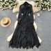 Women's Polka Dot Dress with Bow Tie Long Sleeve Irregular Ruffle Hem Sophisticated Unique Style for Autumn 2025_ecoleips.com