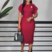 Women's Clothing Elegant Wrap Dress – Short Sleeve Round Neck OL Office Dress With Brooch Detail_ecoleips.com