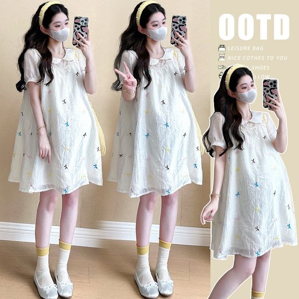 Real Shot In Stock Korean Version Loose Sweet Embroidered Age-Reducing Doll Collar Maternity Dress_ecoleips.com