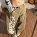 Women's Retro Khaki Jeans Loose Fit Slimming Wide Leg Trousers Full Length Casual Fashion Letter Print Denim_ecoleips.com