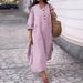 Women's Clothing Solid Color Round Neck Cotton And Linen Long Sleeves Casual Double Side Pocket Button Long Dress_ecoleips.com