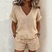 Summer Collection Solid Color V Neck Loose Casual Cotton Linen Set Short Sleeve Top And Shorts Women's Clothing_ecoleips.com