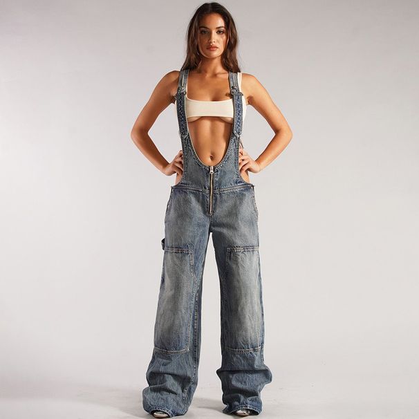 Women's Clothing Women's Denim Jumpsuit Street Style Multi Pocket Overalls Loose Waist Straight Leg Pants For Formal & Casual_ecoleips.com