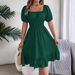 Real Shot Of 2026 Spring/Summer European And American Casual Square-neck Short-sleeve Waist-cinching Ruffle A-line_ecoleips.com