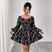 Flirty Floral Print Dress – Square Neck Backless Bubble Sleeve Dress, Feminine & Elegant For Women_ecoleips.com