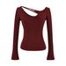 Women's Off-Shoulder Long Sleeve T-Shirt – Sexy Cutout Design, Slim Fit & Versatile (Black/White/Pink/Red/Tibetan Blue, S/M)_ecoleips.com