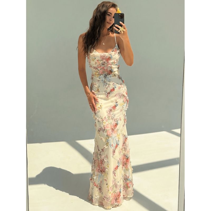 Women's Summer Romantic Elegant Slim Fit Mermaid Dress Spaghetti Strap Long Dress with Pleated Fabric New 2026_ecoleips.com