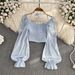Chic Slim Fit Square Neck Chiffon Blouse Autumn French Retro Style Puff Sleeves Short Women's Top_ecoleips.com