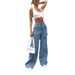 Women's Loose Denim Trousers Large Pockets Washed Effect American Style Cow Patterned Jeans_ecoleips.com
