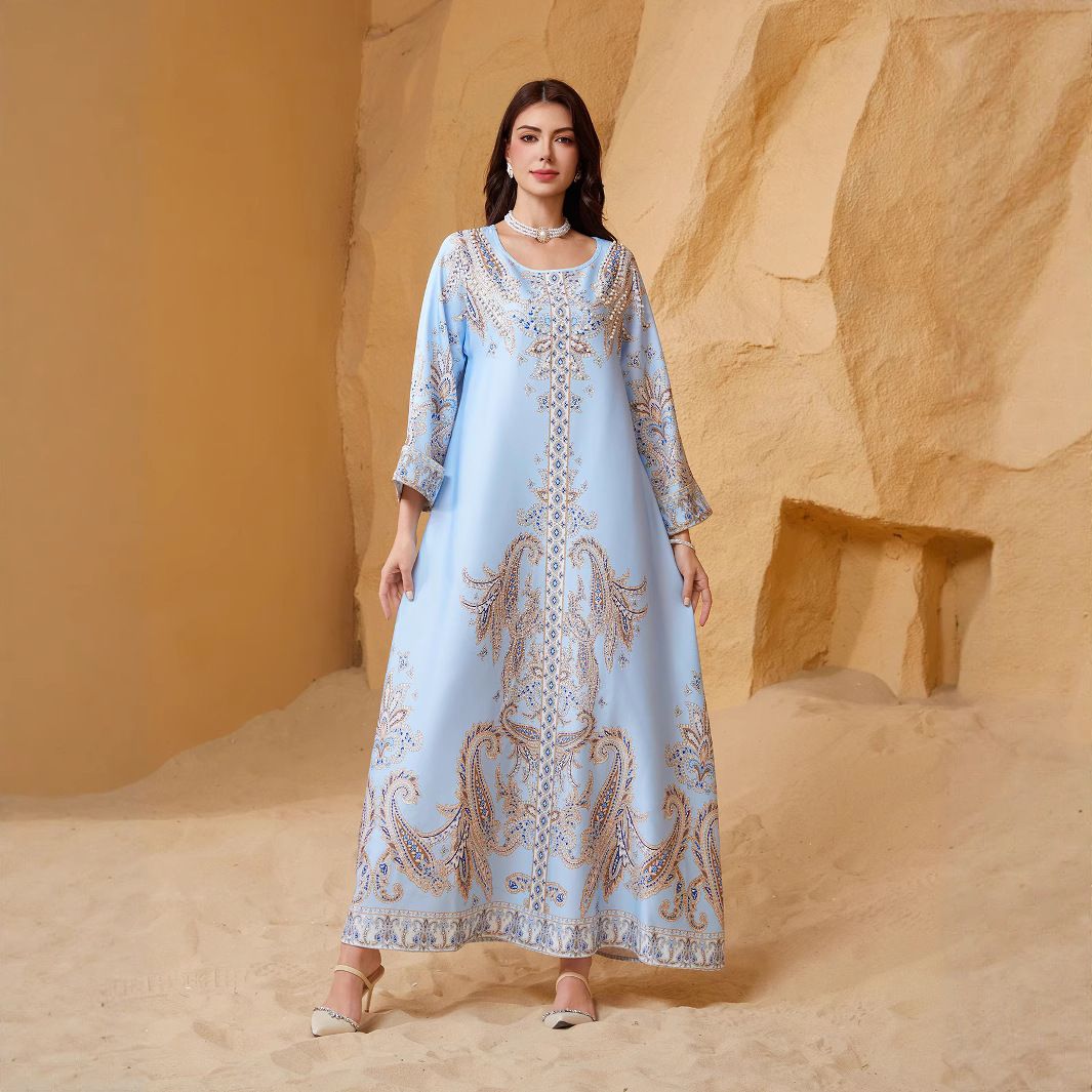 Best Selling Women's Printed Round Neck Beaded Abaya Dress Muslim Fashion Casual Long Gown_ecoleips.com