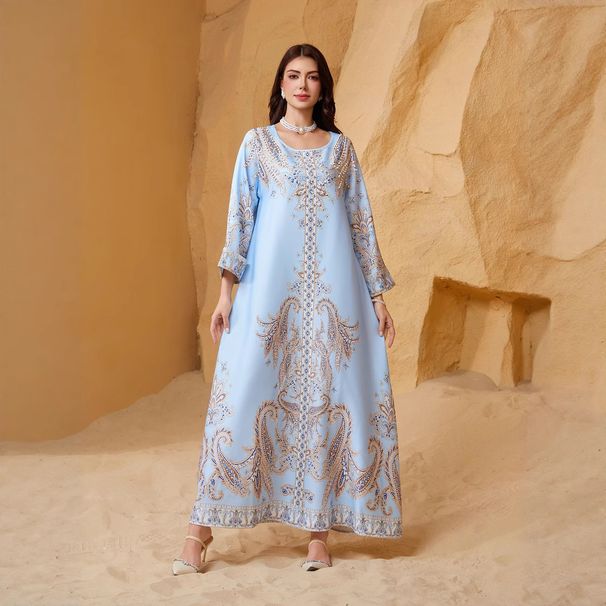 Best Selling Women's Printed Round Neck Beaded Abaya Dress Muslim Fashion Casual Long Gown_ecoleips.com