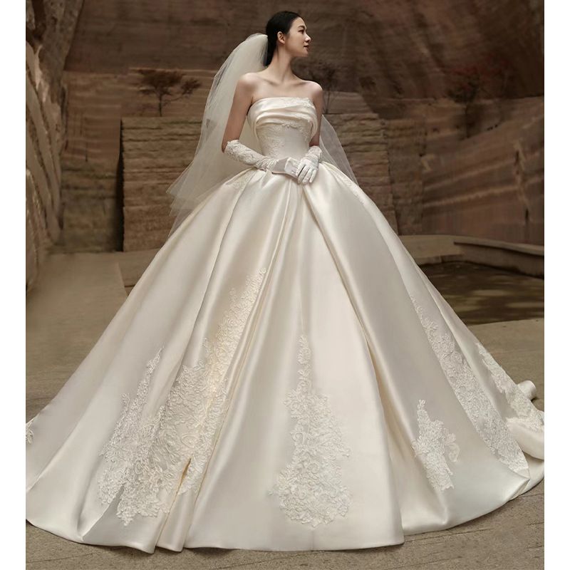French Style Satin Light Wedding Dress Strapless Main Dress High Quality Train New Style 2026 Factory Direct Sales_ecoleips.com
