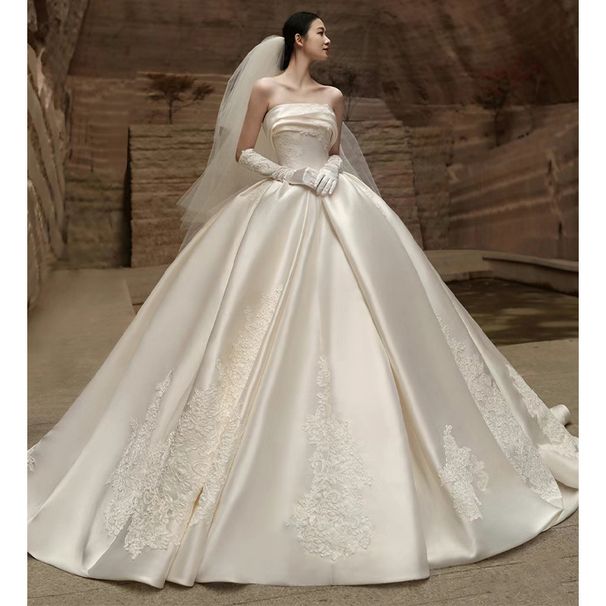 French Style Satin Light Wedding Dress Strapless Main Dress High Quality Train New Style 2026 Factory Direct Sales_ecoleips.com