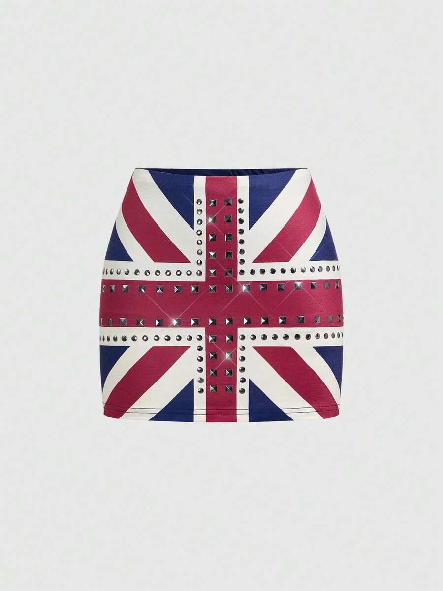 Retro European American Printed Slim Fit Bodycon Skirt for Women Sexy Studded Color Block Trendy Summer Wholesale_ecoleips.com