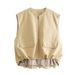 Trendy Streetwear Vest With Ruffled Hem - Lightweight Woven Polyester, Round Neck, Zip Front - Yellow, Black, Light Gray, Army Green (S/M/L/XL)_ecoleips.com