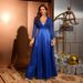 Elegant Navy Blue Satin Evening Gown Sequin-Embellished Split Thigh Formal Dress With V-Neck & Flutter Sleeves For Galas, Cocktail Parties_ecoleips.com