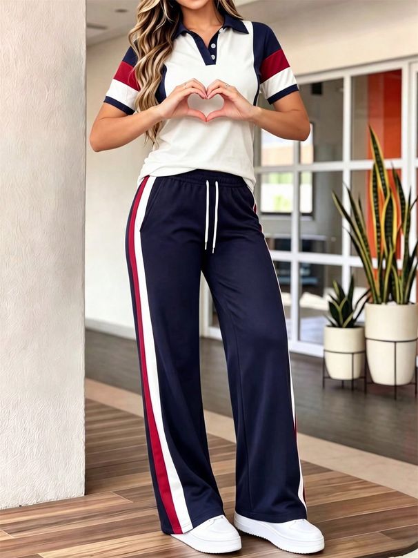 Women's Clothing Color Block Polo Neck T-Shirt And Pocket Pants Two-Piece Set Casual Spring/Summer Outfit Short Sleeve_ecoleips.com