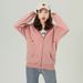 Spring And Autumn Chic Black Jacket For Women Loose Zipper Cardigan Casual Sports Top Solid Color Hooded Sweatshirt_ecoleips.com
