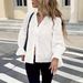 Women's Petite Long Sleeve Blouse Lace-Trimmed V-Neck Detail Tie Top Clothing_ecoleips.com