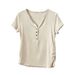 Women's Korean Style V Neck Short Sleeve T-Shirt Half Button Slim Fit Casual Top Fashionable Summer Waist Cinching Versatile_ecoleips.com