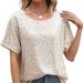 Women's Casual Sequined Off-Shoulder T-Shirt Loose Fit Short Sleeve Crew Neck Style Top_ecoleips.com