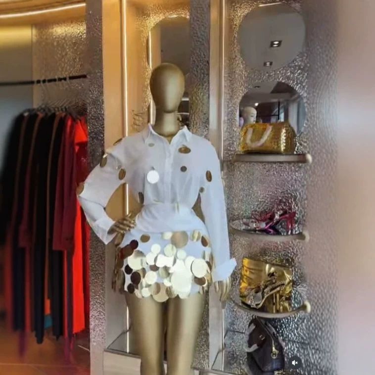 Women's Clothing American Style 2 Piece Set Long Sleeved Sequined Shirt A-Line Skirt Summer Fashion Vacation_ecoleips.com