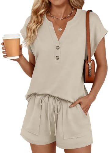 Women's Clothing Henley 2-Piece Shorts Set Casual Short Sleeve Top & Shorts Outfit | Ribbon Tie Detail Polyester Spandex Comfy Lounge Wear_ecoleips.com