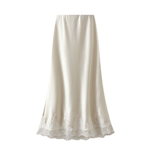 K Lace Patchwork Midi Skirt With A New Drape And Glossy A-line Mid Length Skirt For Women_ecoleips.com