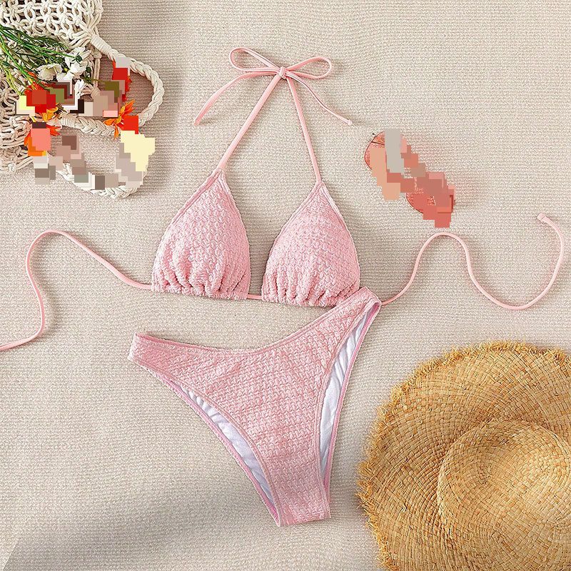 Women's Clothing Pure Color Mesh Three Piece Swimsuit Lace Up Sexy Beach Bikini Swimsuit Women Summer_ecoleips.com