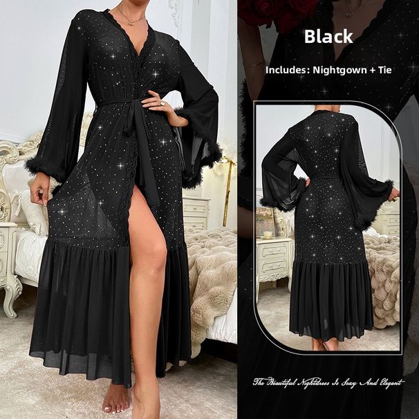 Women's Clothing V Neck Evening Dress Pajamas Women's Long Sleeved Fleece Sequined Bathrobe Homewear_ecoleips.com