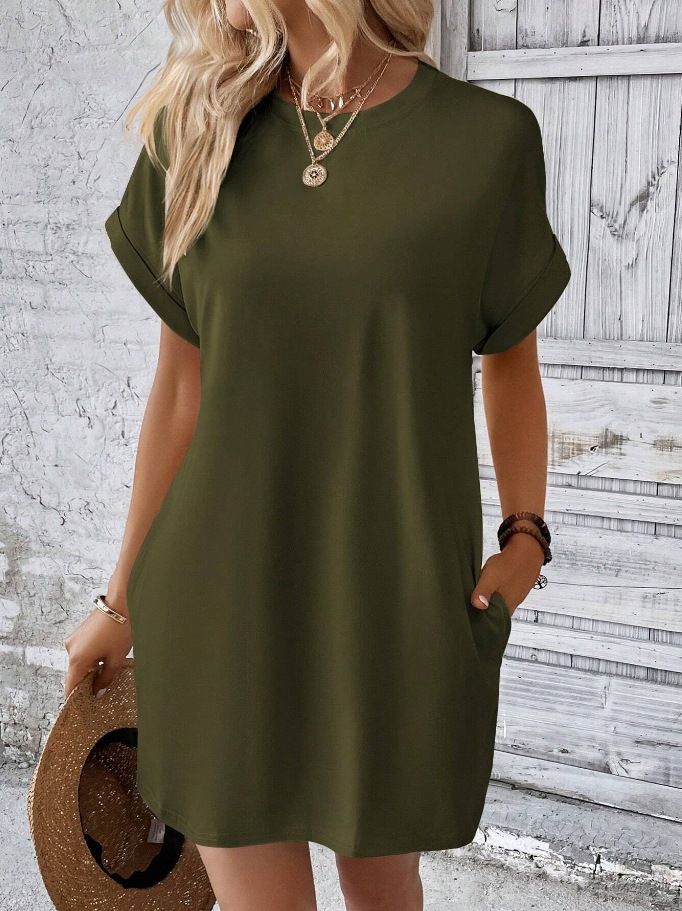Women's Clothing Spring And Summer New Solid Color Round Neck Loose Short Sleeve Pocket Dress_ecoleips.com