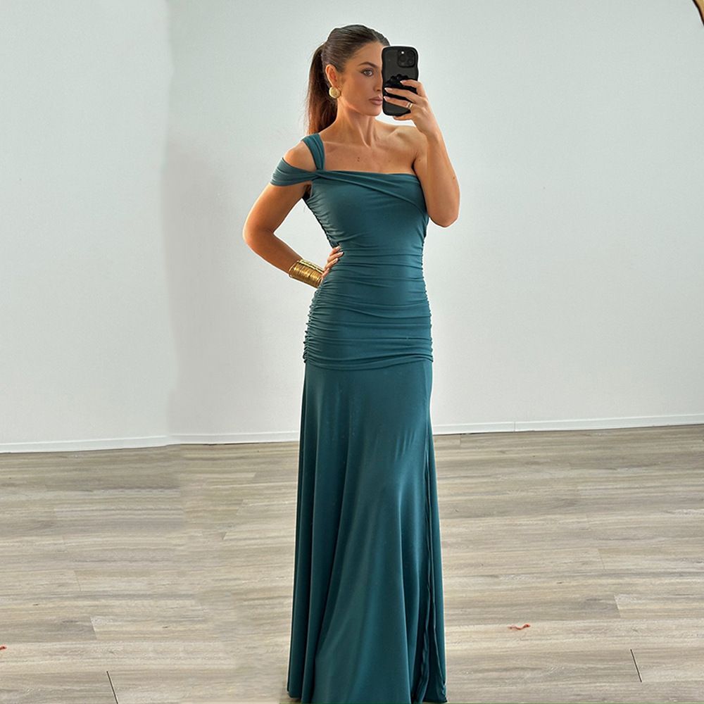Women's Clothing Women's Solid Color Off-Shoulder Dress Pleated Side Slits Spring Summer Sexy Dress For Formal & Casual_ecoleips.com