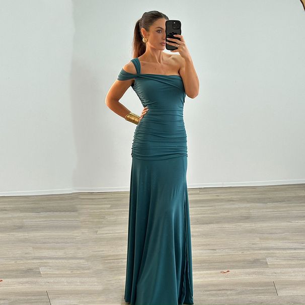 Women's Clothing Women's Solid Color Off-Shoulder Dress Pleated Side Slits Spring Summer Sexy Dress For Formal & Casual_ecoleips.com