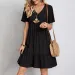 2026 Loose V-neck Short Sleeved Pleated Women Dress Solid Color A-line Beach Dresses Elegant Simple Comfortable Woman Clothing_ecoleips.com