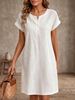 Women's Loose round Neck Button Cotton Linen Short Sleeve Straight Dress Casual Summer Fashion_ecoleips.com