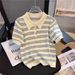 Women's Clothing Ice Silk Short Sleeved T Shirt Thin Design Niche Striped Sweater Top_ecoleips.com