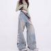 KENH Distressed Tassel Patchwork Ripped Jeans For Women, Loose-fitting, Slimming, Floor-length, High-waisted Wide-leg_ecoleips.com