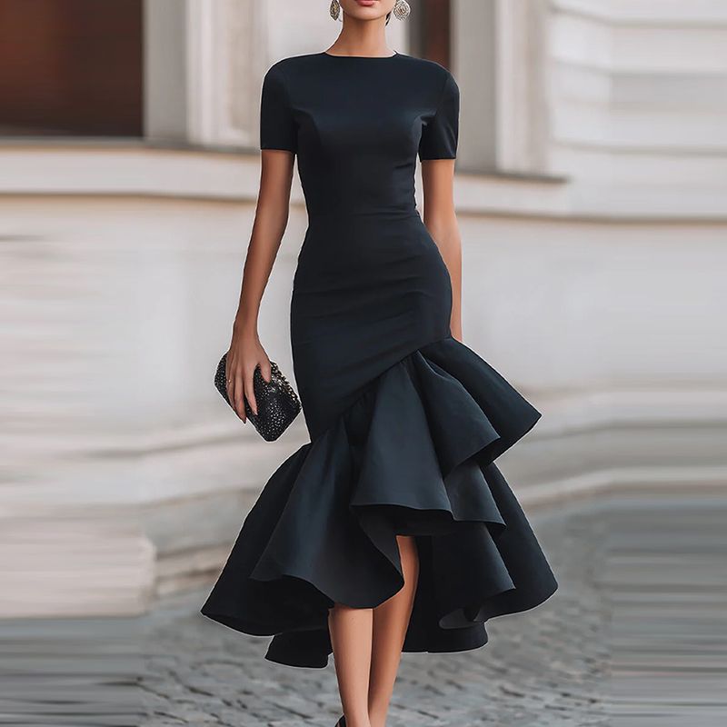 Summer Ruffle Hem Elegant Long Dress Irregular High Waist Commuting A-line Dress Lady O-neck Short Sleeved Slim Fit Party Dress_ecoleips.com