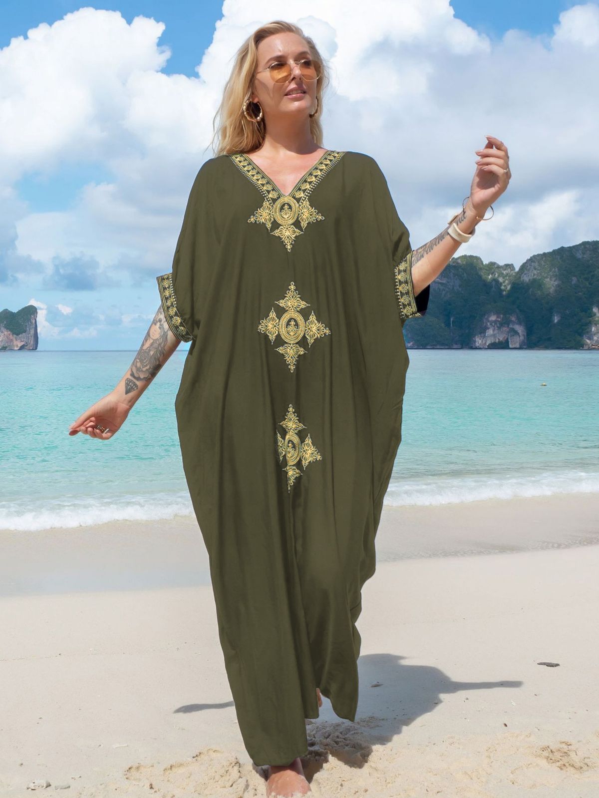 Women's Clothing Cotton Embroidered Beach Cover Up Seaside Holiday Dress Embroidered Holiday Bikini Cover Up_ecoleips.com
