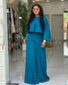 K Women's New Round Neck Irregular Lantern Sleeve Top, Nail Bead Wide Leg Pants Set. No Glasses Or Other Accessories_ecoleips.com