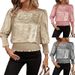 Women's Round Neck Short Sleeve Pullover T-Shirt Gold Foil Hem_ecoleips.com