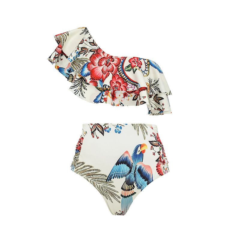 Women's Clothing New Bikini One Shoulder Ruffle Tight Toucan Split Swimsuit And Wrap Skirt Set_ecoleips.com