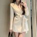Women's Clothing Champagne Beige Satin Blazer Dress – Korean-Style Belted Midi Jacket (S-XL, Polyester, Tailored Fit, Office & Casual Wear)_ecoleips.com