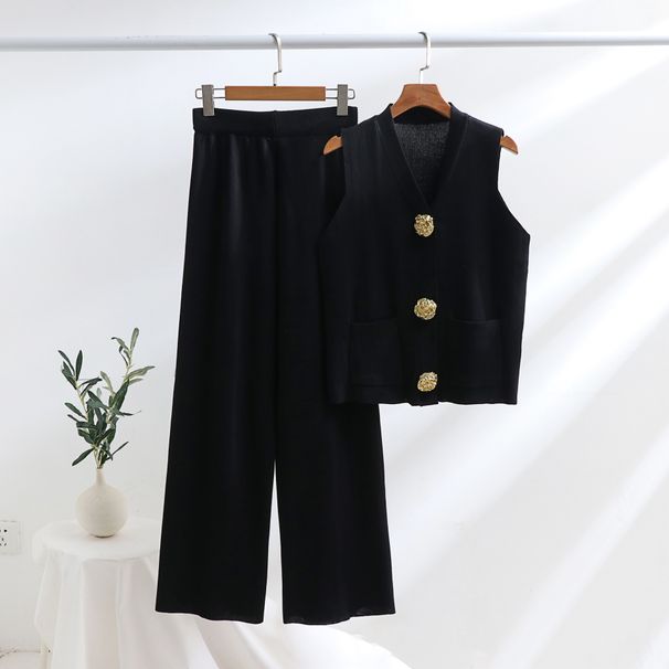 Women's Clothing Suit Gold Button V Neck Knitted Vest Casual Loose Trousers Knitted Two Piece Suit_ecoleips.com