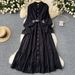 Women's Clothing Court Retro Elegant Dress For Women With Stand Up Collar, Trumpet Sleeves, Waisted, Single Breasted, Lace Stitching, Long Swing Skirt_ecoleips.com