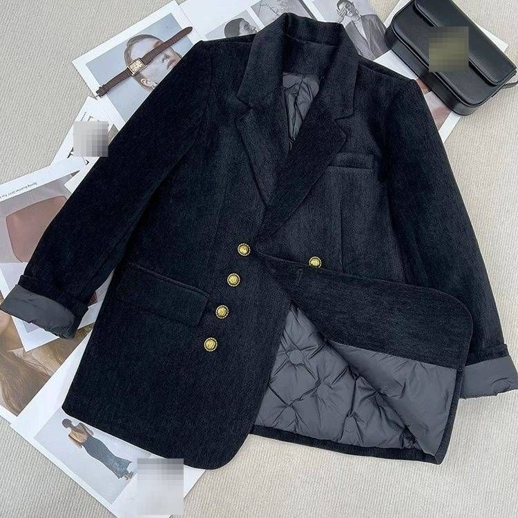 Women's Double-Breasted Padded Blazer – Thickened Polyester Winter Coat With Stand Collar (Black) – S To Xl_ecoleips.com
