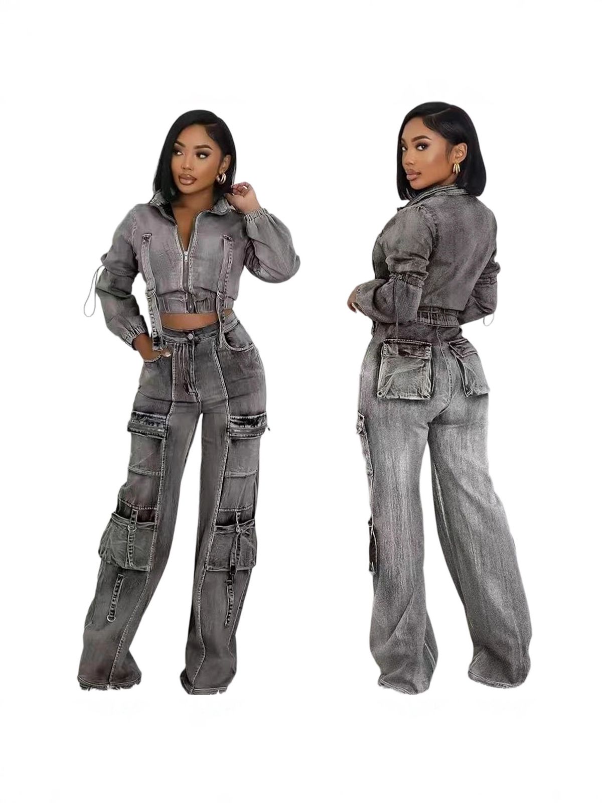 Women's Stretch Denim Two-Piece Set – High-Waisted Utility Pants & Cropped Jacket (Polyester Blend, S-XXL) For Street Style & Office Wear_ecoleips.com